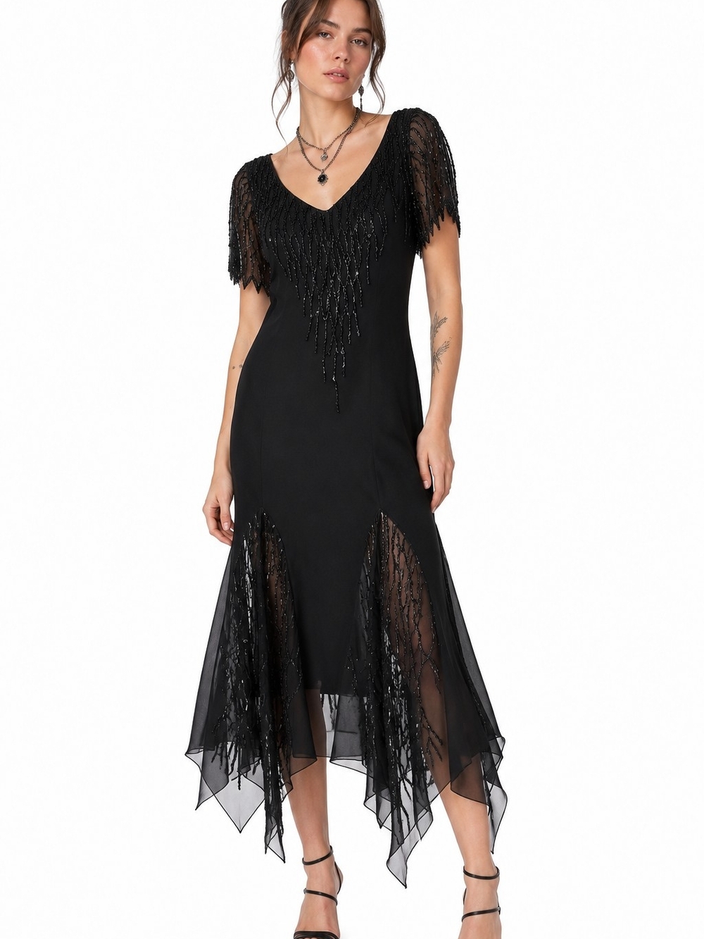 Jkara Black Beaded Fairy Goth Whimsigoth Handkerchief Hem Dress NWT 12